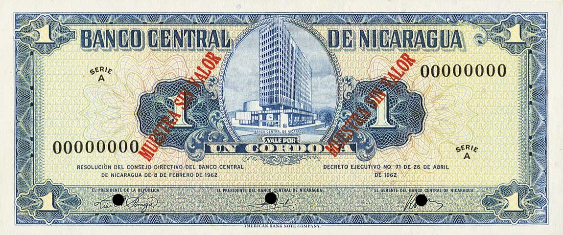 Front of Nicaragua p107s: 1 Cordoba from 1962