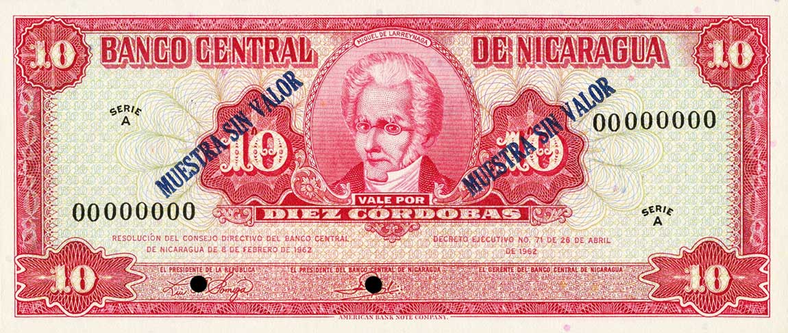 Front of Nicaragua p109s: 10 Cordobas from 1962