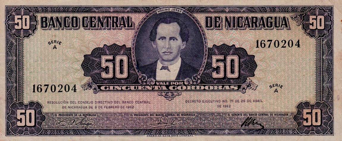 Front of Nicaragua p111a: 50 Cordobas from 1962