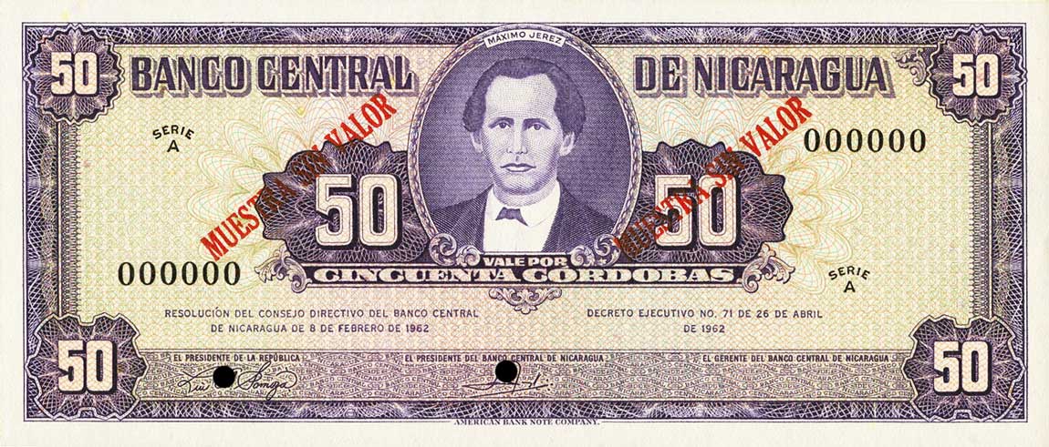 Front of Nicaragua p111s: 50 Cordobas from 1962