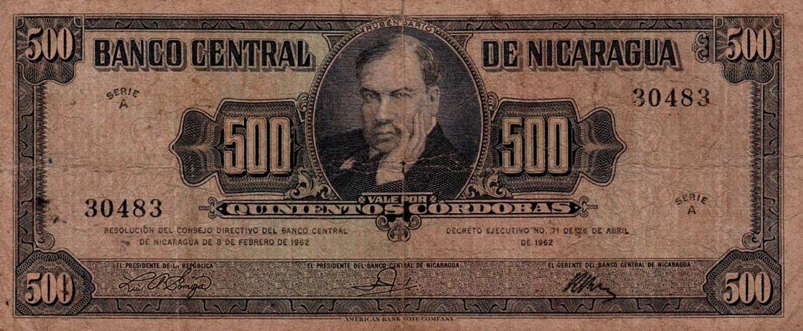 Front of Nicaragua p113a: 500 Cordobas from 1962