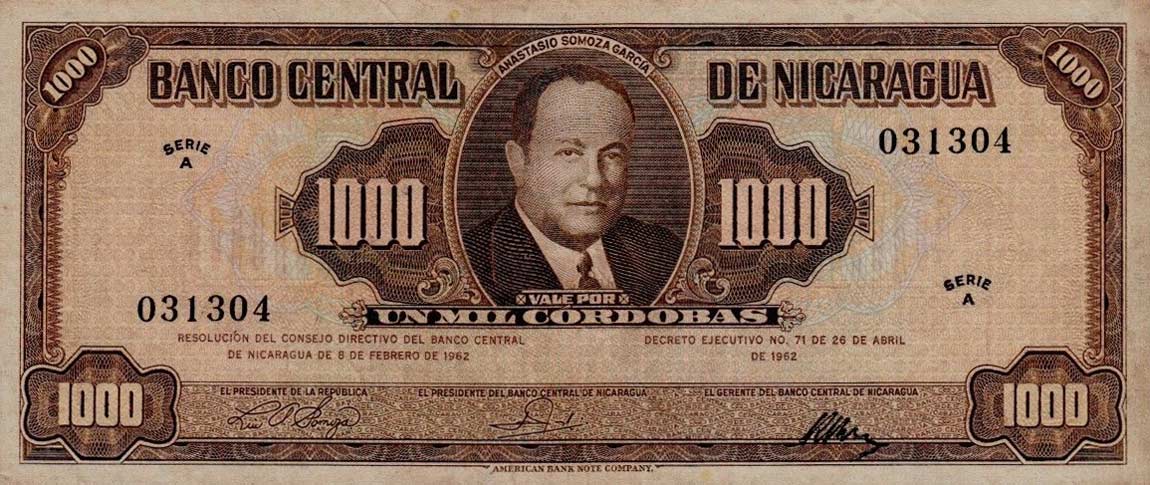 Front of Nicaragua p114a: 1000 Cordobas from 1962