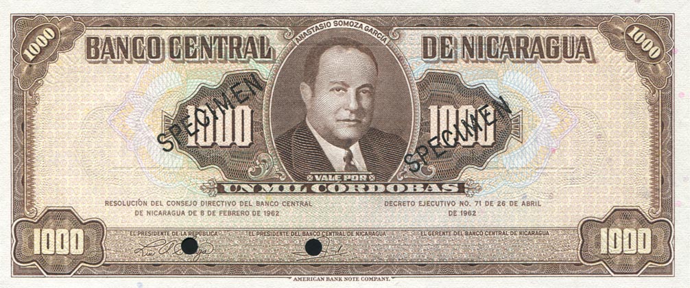 Front of Nicaragua p114s: 1000 Cordobas from 1962