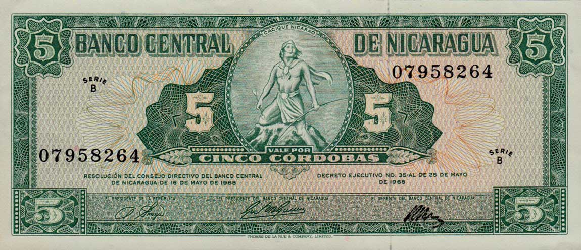 Front of Nicaragua p116a: 5 Cordobas from 1968