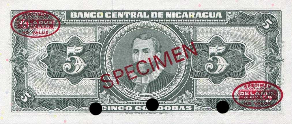 Back of Nicaragua p116s: 5 Cordobas from 1968