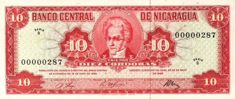 Front of Nicaragua p117a: 10 Cordobas from 1968