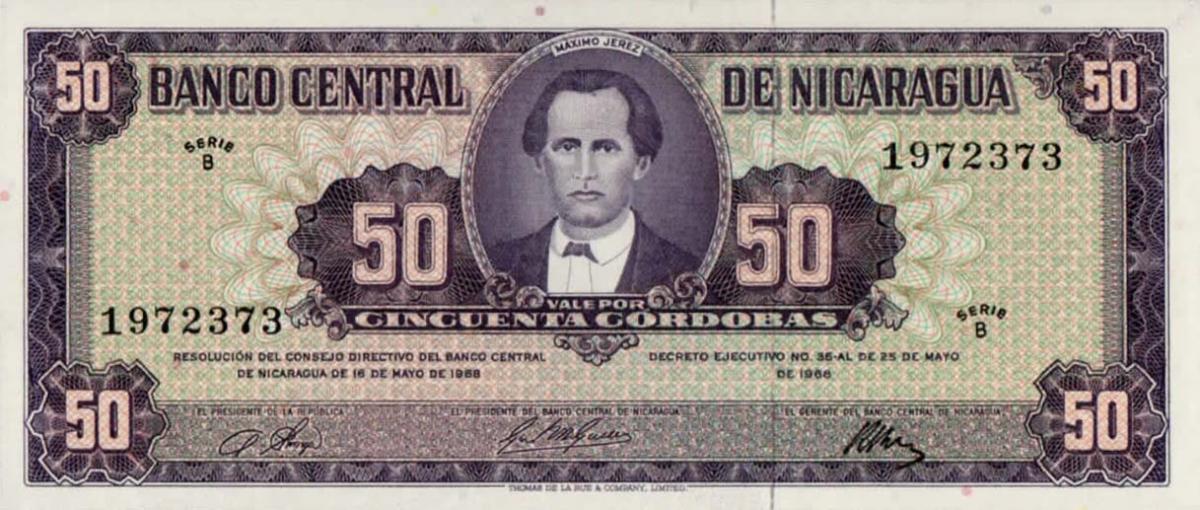 Front of Nicaragua p119r: 50 Cordobas from 1968