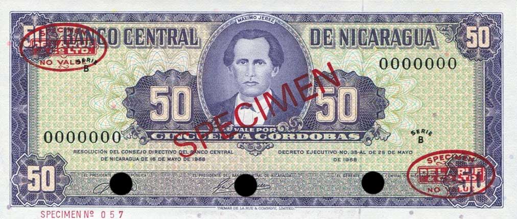 Front of Nicaragua p119s: 50 Cordobas from 1968