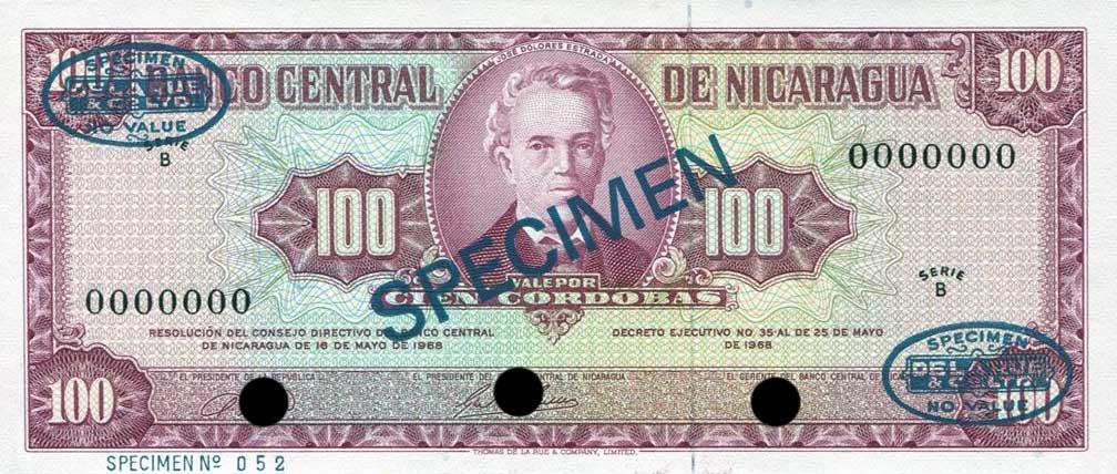 Front of Nicaragua p120s: 100 Cordobas from 1968