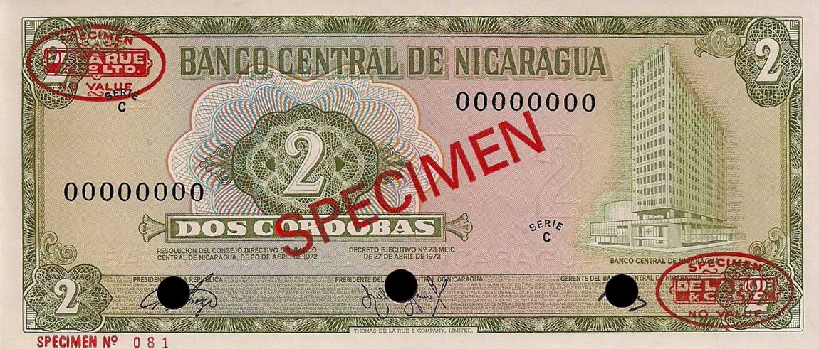 Front of Nicaragua p121s: 2 Cordobas from 1972