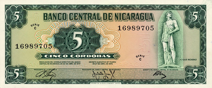 Front of Nicaragua p122a: 5 Cordobas from 1972