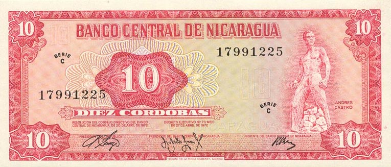 Front of Nicaragua p123a: 10 Cordobas from 1972