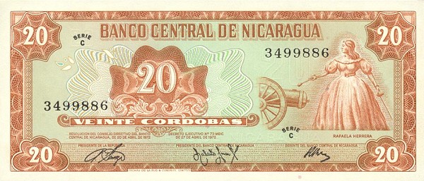 Front of Nicaragua p124a: 20 Cordobas from 1972