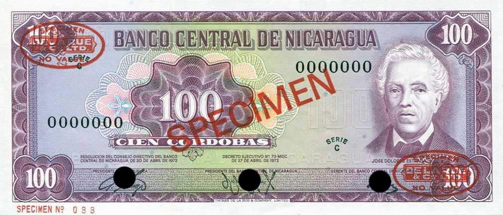 Front of Nicaragua p126s: 100 Cordobas from 1972