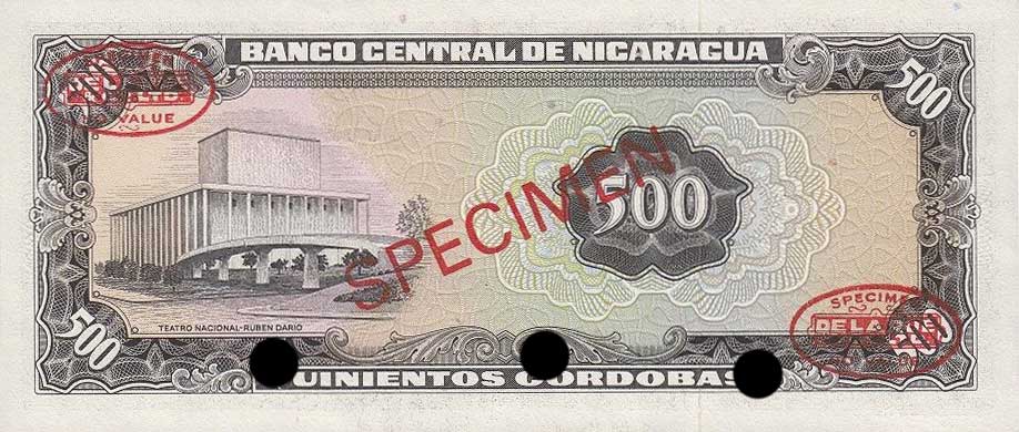 Back of Nicaragua p127s: 500 Cordobas from 1972