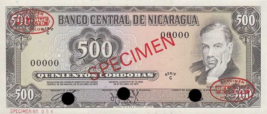 Front of Nicaragua p127s: 500 Cordobas from 1972