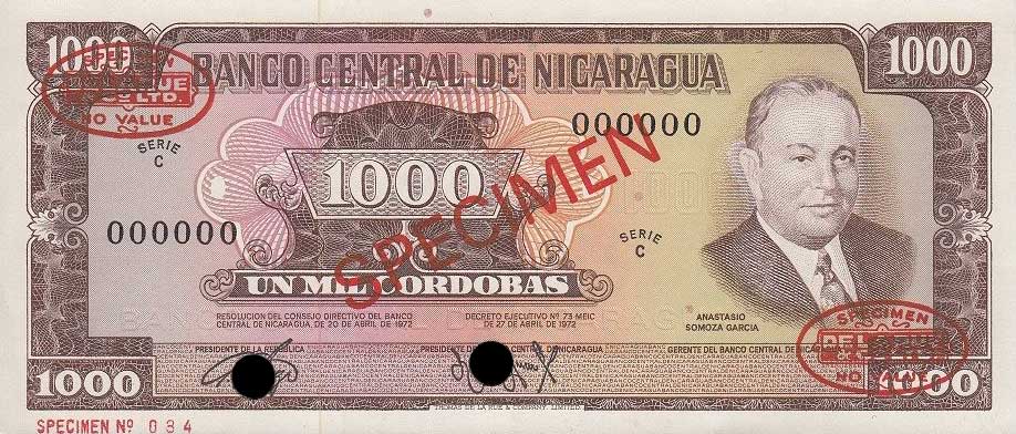 Front of Nicaragua p128s: 1000 Cordobas from 1972