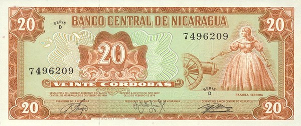 Front of Nicaragua p129a: 20 Cordobas from 1978