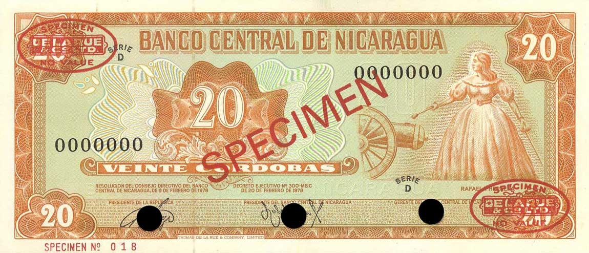 Front of Nicaragua p129s1: 20 Cordobas from 1978