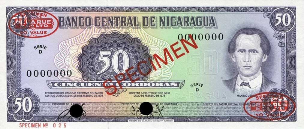 Front of Nicaragua p130s: 50 Cordobas from 1978