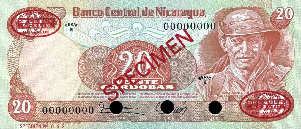 Front of Nicaragua p135s: 20 Cordobas from 1979