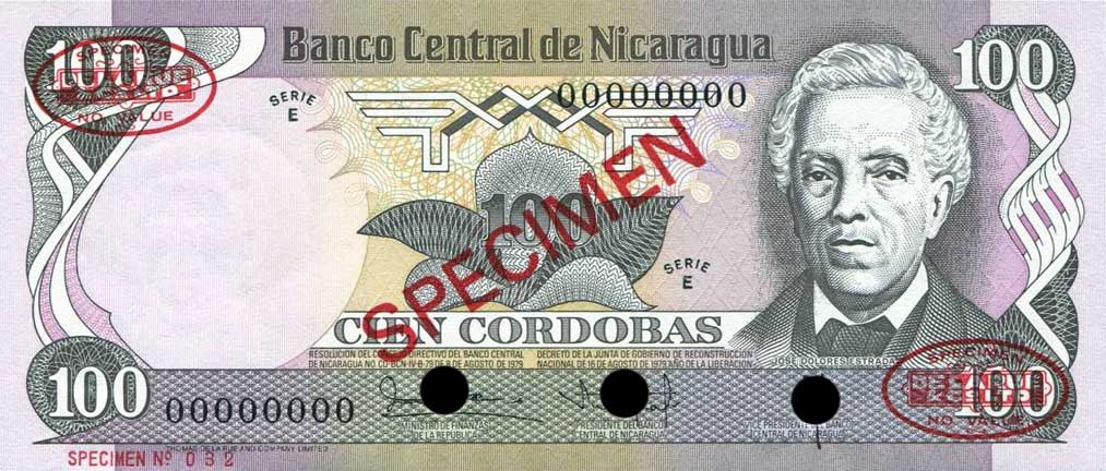 Front of Nicaragua p137s: 100 Cordobas from 1979