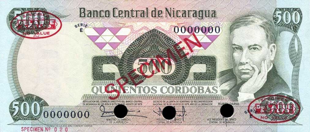 Front of Nicaragua p138s: 500 Cordobas from 1979