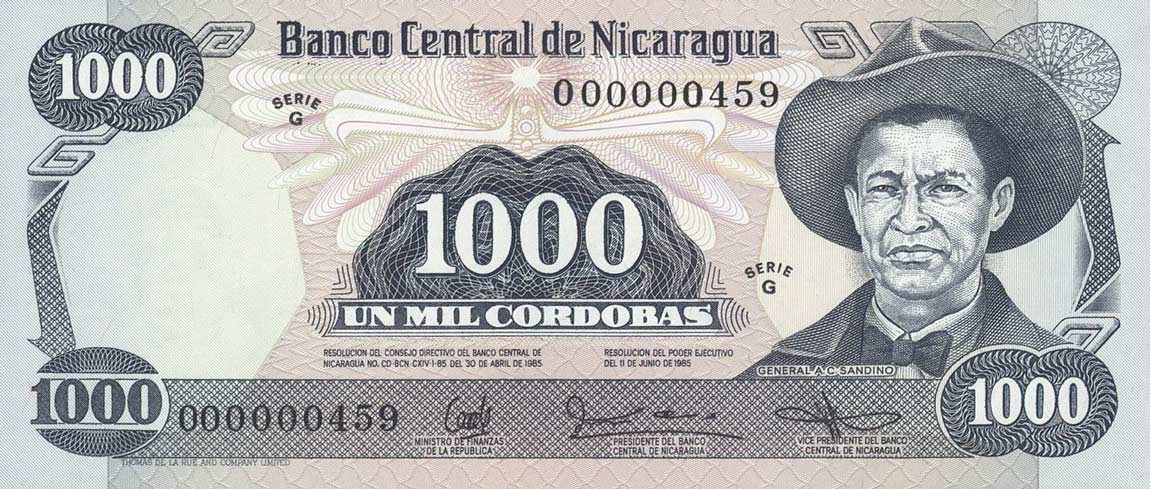 Front of Nicaragua p145a: 1000 Cordobas from 1985