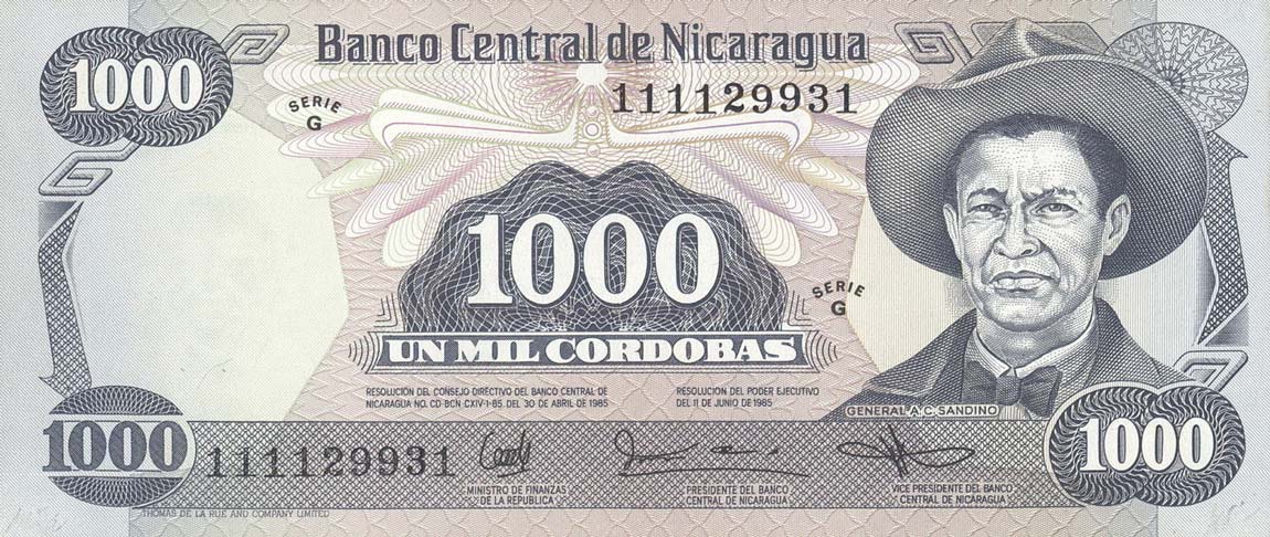 Front of Nicaragua p145b: 1000 Cordobas from 1985