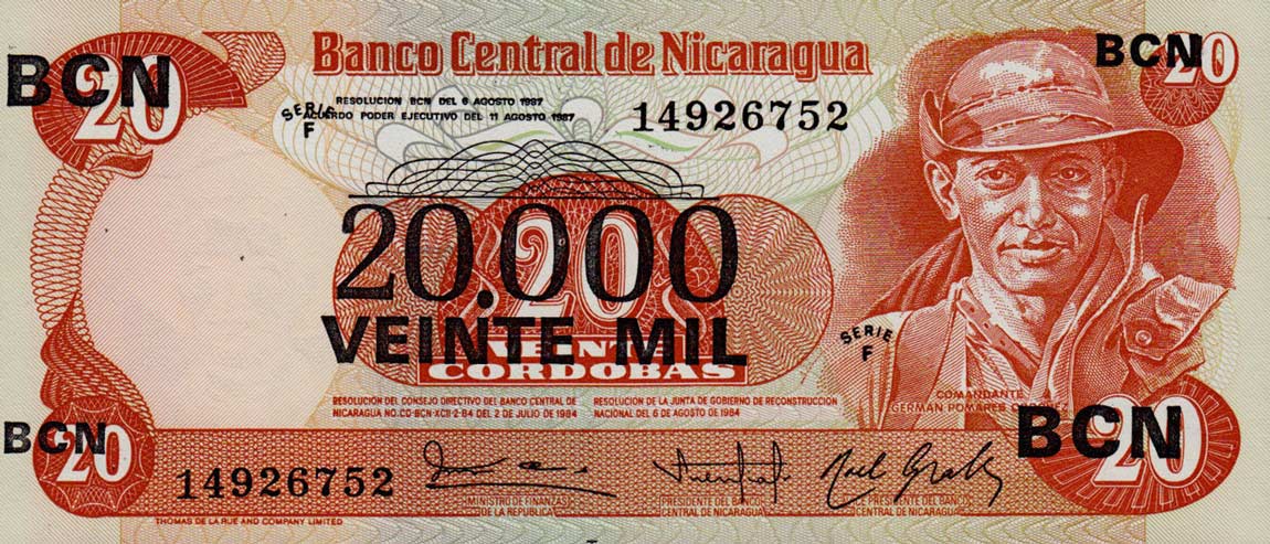 Front of Nicaragua p147: 20000 Cordobas from 1987