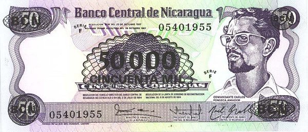 Front of Nicaragua p148: 50000 Cordobas from 1987