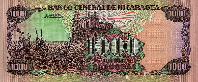 Back of Nicaragua p156a: 1000 Cordobas from 1985