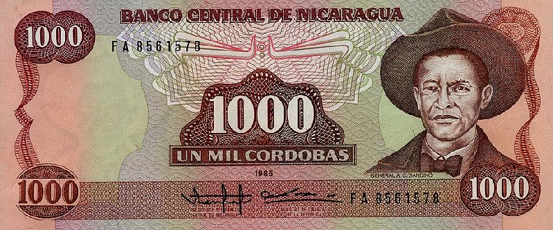 Front of Nicaragua p156a: 1000 Cordobas from 1985