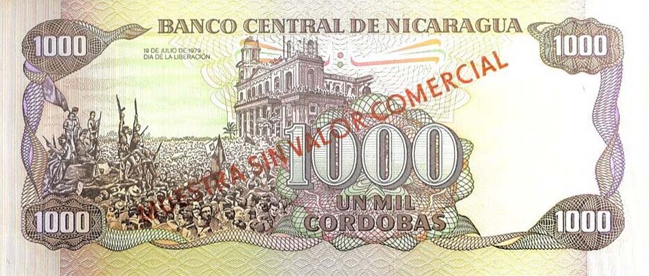 Back of Nicaragua p156s: 1000 Cordobas from 1985