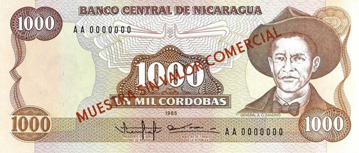 Front of Nicaragua p156s: 1000 Cordobas from 1985