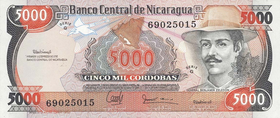 Front of Nicaragua p157: 5000 Cordobas from 1988