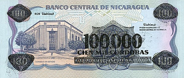 Back of Nicaragua p159a: 100000 Cordobas from 1989