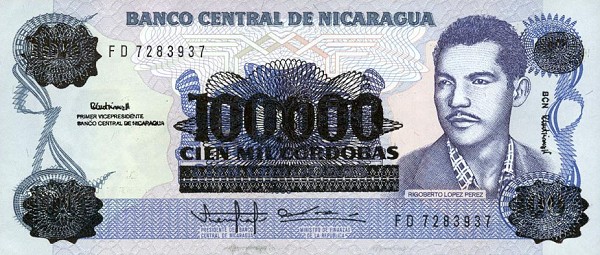 Front of Nicaragua p159a: 100000 Cordobas from 1989