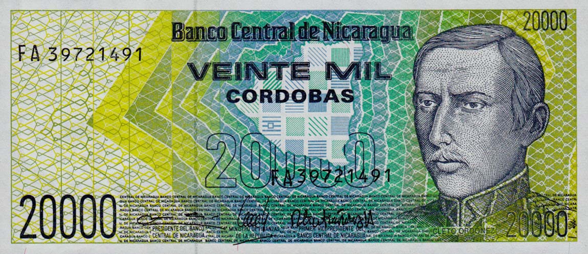 Front of Nicaragua p160a: 20000 Cordobas from 1989