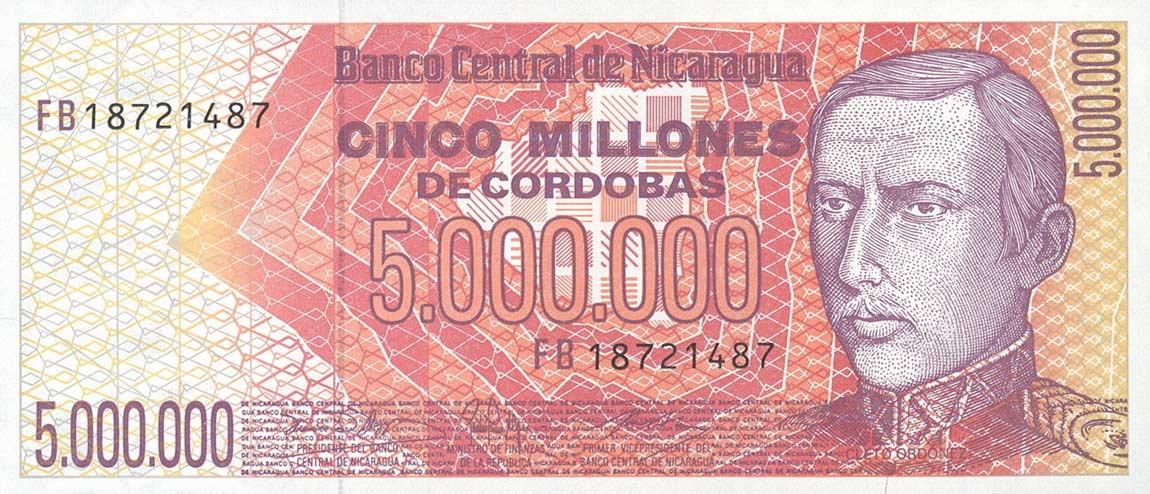 Front of Nicaragua p165a: 5000000 Cordobas from 1990