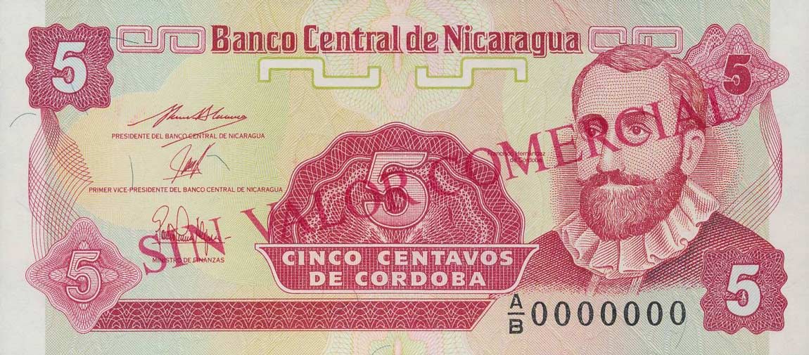 Front of Nicaragua p168s: 5 Centavos from 1991