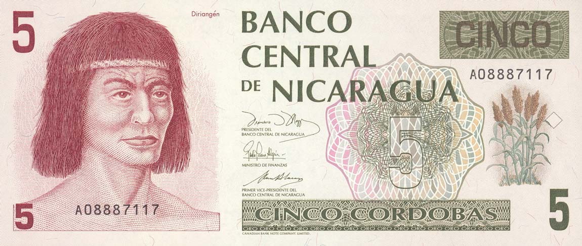 Front of Nicaragua p174: 5 Cordobas from 1991