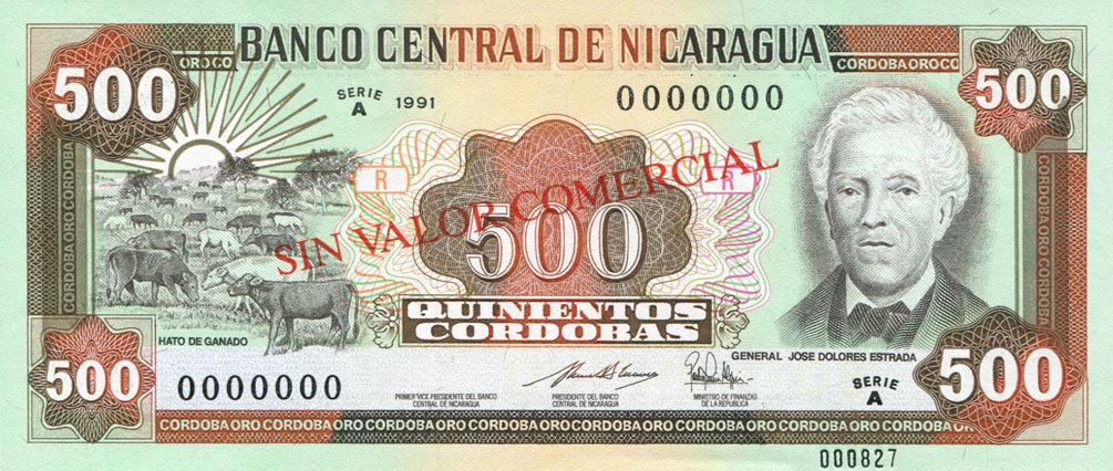 Front of Nicaragua p178As: 500 Cordobas from 1991