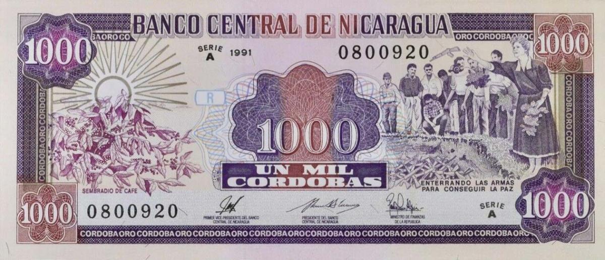 Front of Nicaragua p178Ba: 1000 Cordobas from 1991