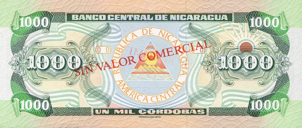 Back of Nicaragua p178Bs: 1000 Cordobas from 1991