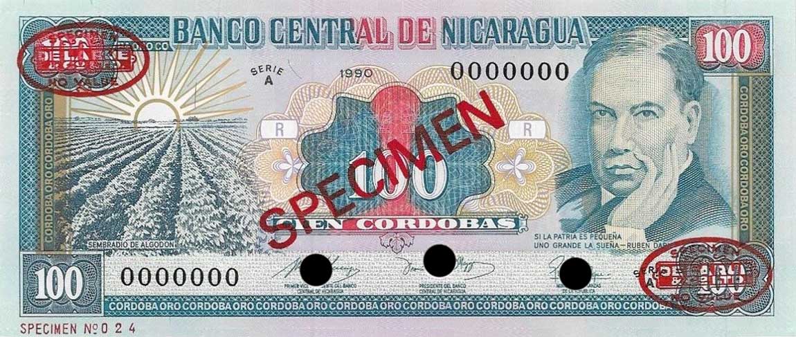 Front of Nicaragua p178s: 100 Cordobas from 1990