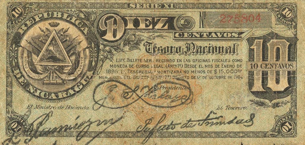 Front of Nicaragua p17b: 10 Centavos from 1894