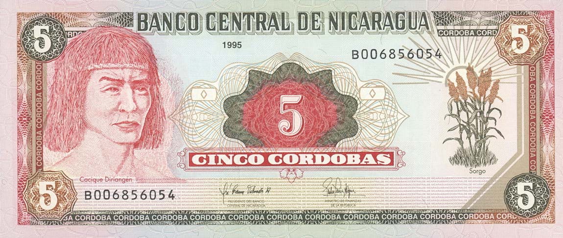 Front of Nicaragua p180a: 5 Cordobas from 1995