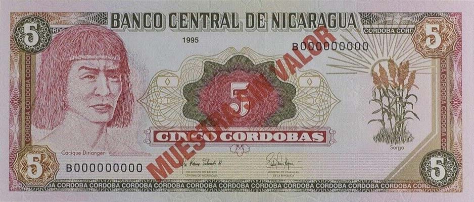 Front of Nicaragua p180s: 5 Cordobas from 1995