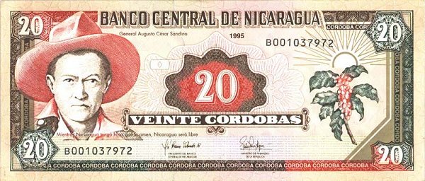 Front of Nicaragua p182: 20 Cordobas from 1995